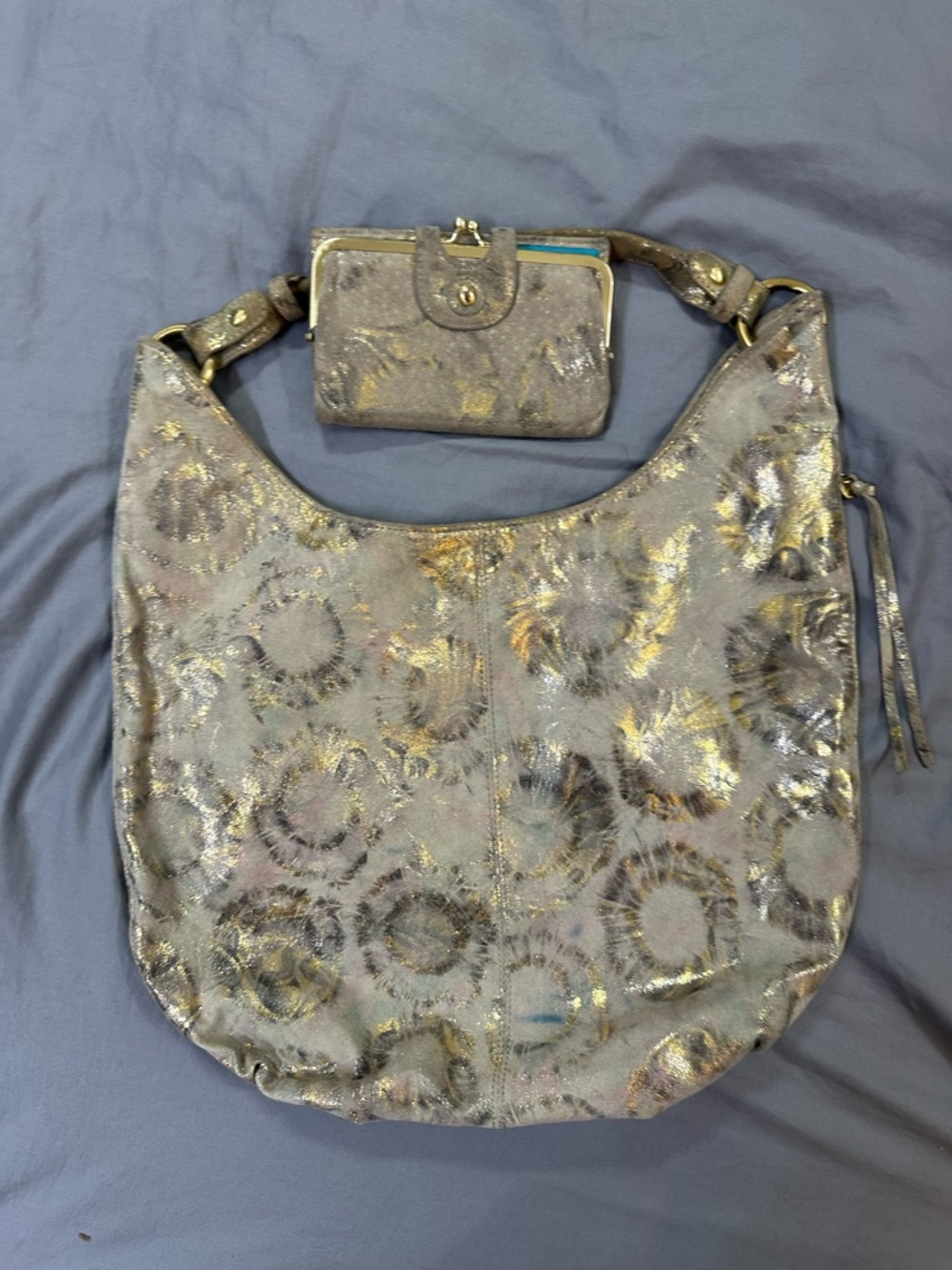 HOBO Metallic Gray & Gold Hobo Bag with Matching Wallet